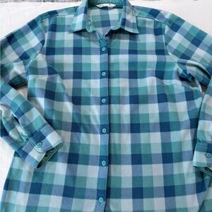 Riders by Lee Women’s Green Blue Plaid Flannel Button Up Shirt Size Large E48